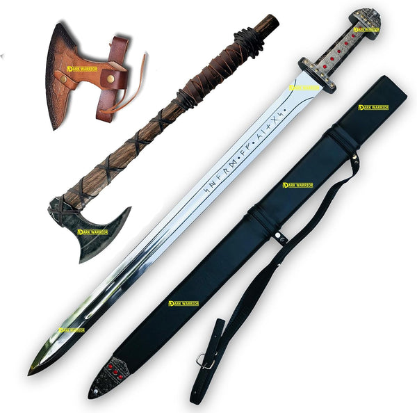 Ragnar Lothbrok Sword & Axe Set – Authentic Viking Sword of Kings Replica with Functional Battle Axe | Handmade Viking Weapon Gift Set SW103