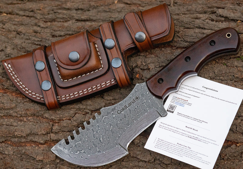 Damascus Tracker Knife – 11.4” Rose Burl Wood Handle | SHK01 by ColdLand Knives