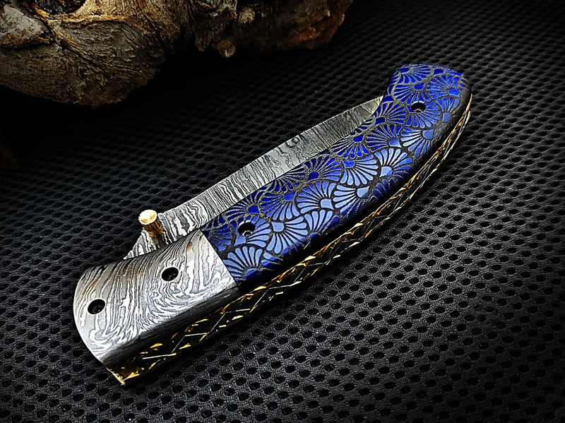 Alien Graphic Laser Engraving on Blue Colored Camel Bone Folding Pocket Knife Tanto with Damascus Bolster Custom Handcrafted Damascus Steel 8.50 inches with Leather Sheath Great Gift for Space Lovers and Camping CLKFOL1124