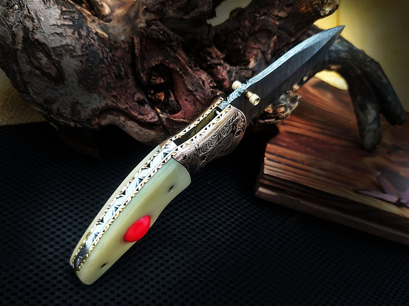 Red Stone Inlay Camel Bone Handle and Grouse Engraved Bolster Damascus Folding Knife 8" | ColdLand CLKFOL1125