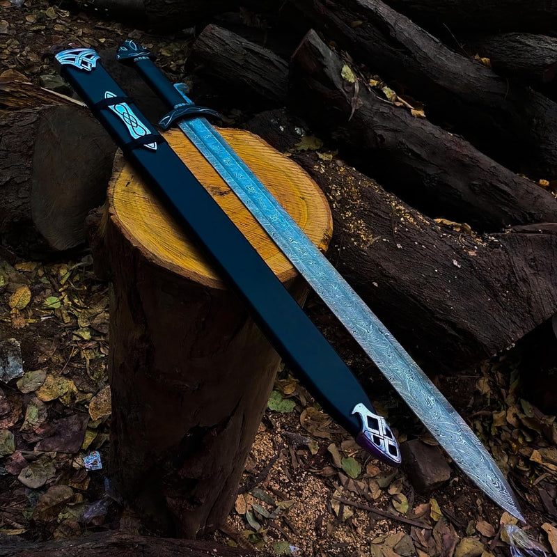 Battle Sword Real – Handmade Damascus Viking Sword | Functional Medieval Barbarian Sword with Leather Sheath | The Last Kingdom Uhtred Replica Gift SW106