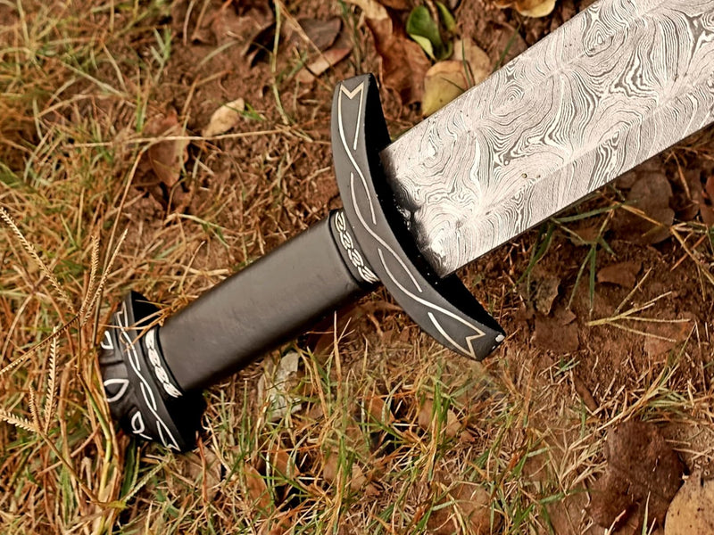 Battle Sword Real – Handmade Damascus Viking Sword | Functional Medieval Barbarian Sword with Leather Sheath | The Last Kingdom Uhtred Replica Gift SW106