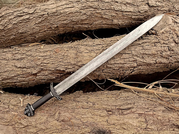 Battle Sword Real – Handmade Damascus Viking Sword | Functional Medieval Barbarian Sword with Leather Sheath | The Last Kingdom Uhtred Replica Gift SW106