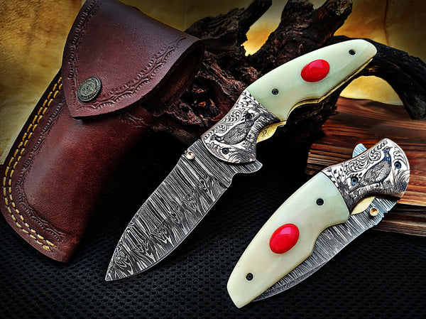 Red Stone Inlay Camel Bone Handle and Grouse Engraved Bolster Damascus Folding Knife 8" | ColdLand CLKFOL1125