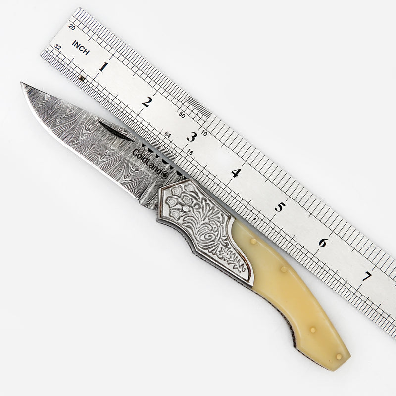 Pocket Folding Knife EDC Hand Forged in Damascus Steel Engraved Bolster and Camel Bone Handle with Leather Sheath SQFOL01