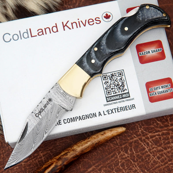 Pocket Folding Knife EDC Hand Forged in Damascus Steel Brass Bolster and Blue Micarta Handle with Leather Sheath ILFOL01-V4