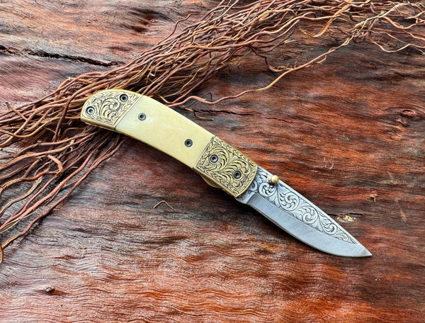 Folding Pocket Knife J2 Steel | Camel Bone Handle with Engraved Brass Bolster & Blade – ColdLand USFOL01