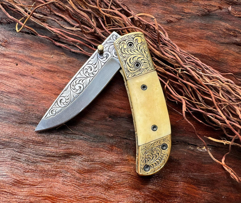 Folding Pocket Knife J2 Steel | Camel Bone Handle with Engraved Brass Bolster & Blade – ColdLand USFOL01