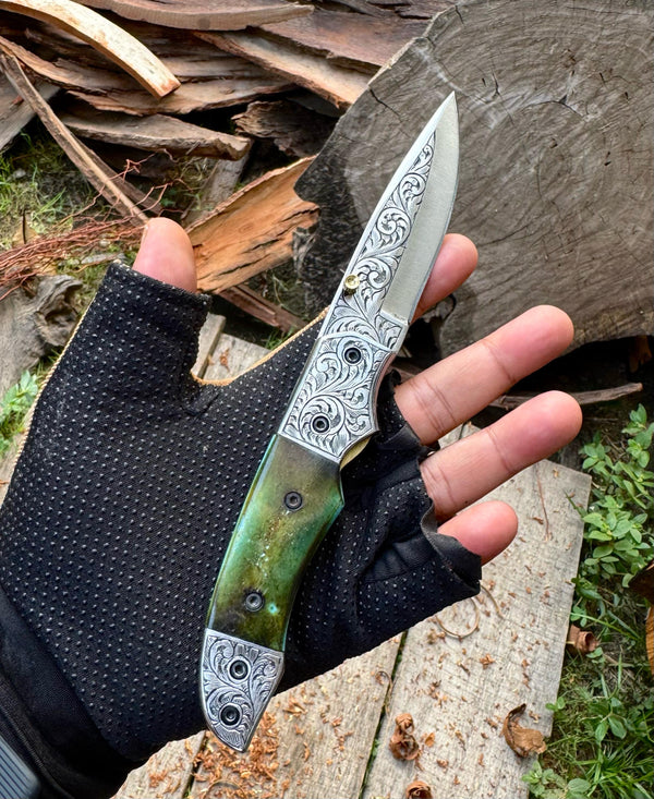 Folding Pocket Knife J2 steel Colored Camel Bone with Hand Engraved Bolster and Hand Engraved Blade USFOL02