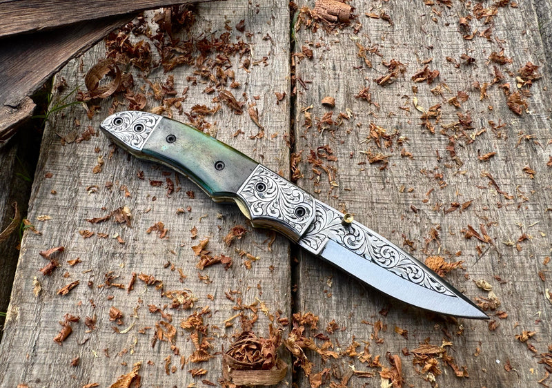 Folding Pocket Knife J2 steel Colored Camel Bone with Hand Engraved Bolster and Hand Engraved Blade USFOL02