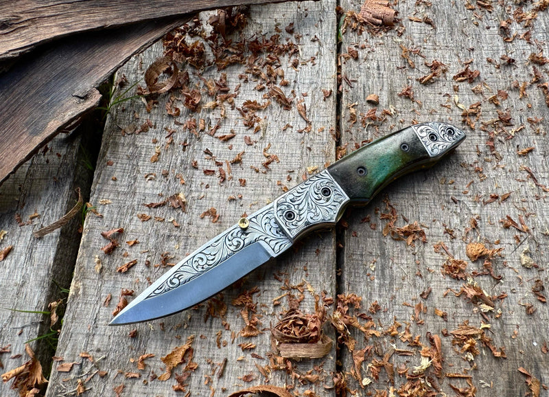 Folding Pocket Knife J2 steel Colored Camel Bone with Hand Engraved Bolster and Hand Engraved Blade USFOL02