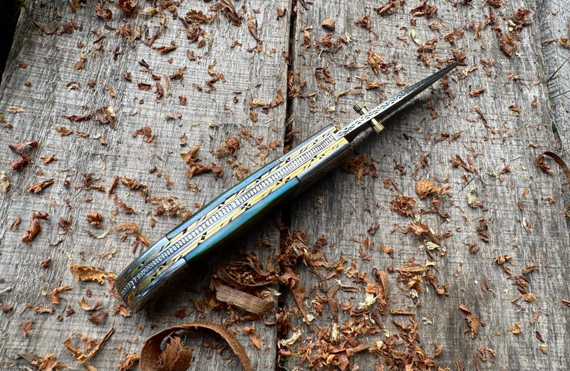 Folding Pocket Knife J2 steel Colored Camel Bone with Hand Engraved Bolster and Hand Engraved Blade USFOL02