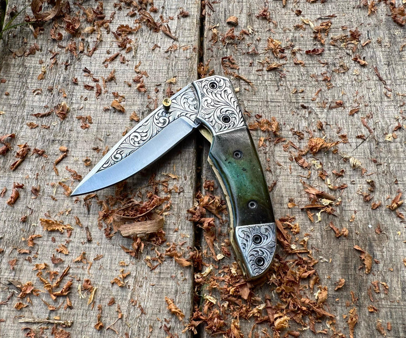 Folding Pocket Knife J2 steel Colored Camel Bone with Hand Engraved Bolster and Hand Engraved Blade USFOL02