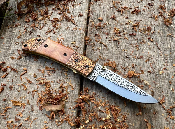 Folding Pocket Knife J2 steel Colored Camel Bone with Hand Engraved Copper Bolster and Hand Engraved Blade USFOL03