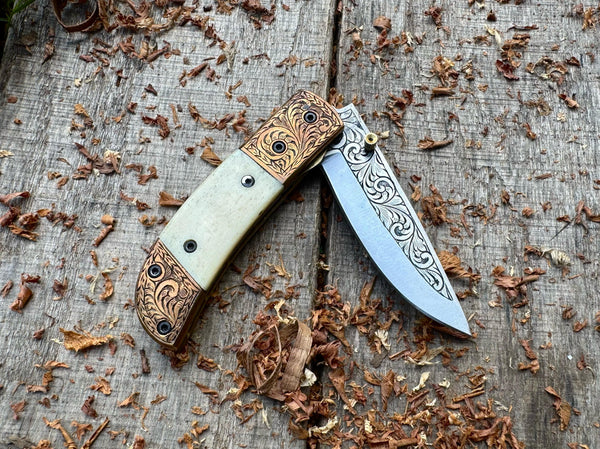 Folding Pocket Knife J2 Steel with Natural Camel Bone Handle – Hand Engraved | USFOL04