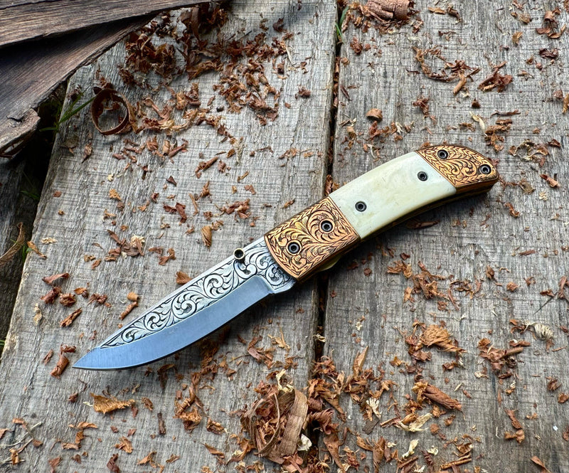 Folding Pocket Knife J2 Steel with Natural Camel Bone Handle – Hand Engraved | USFOL04