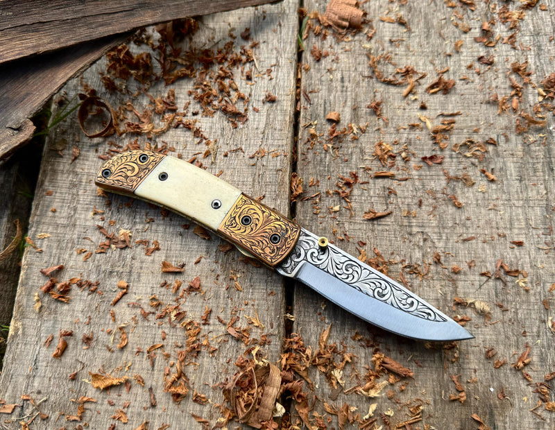 Folding Pocket Knife J2 Steel with Natural Camel Bone Handle – Hand Engraved | USFOL04