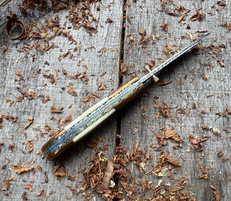 Folding Pocket Knife J2 Steel with Natural Camel Bone Handle – Hand Engraved | USFOL04