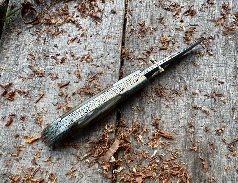 Folding Pocket Knife J2 steel Natural Mountain Sheep Horn Handle with Hand Engraved Bolster and Hand Engraved Blade USFOL05