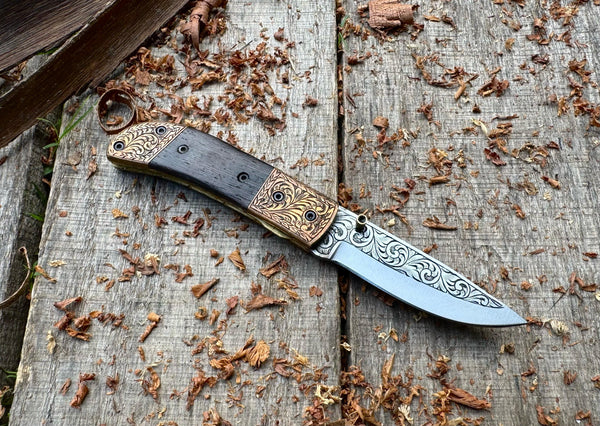 Folding Pocket Knife J2 Steel with Wenge Wood Handle & Hand Engraved Details – USFOL06