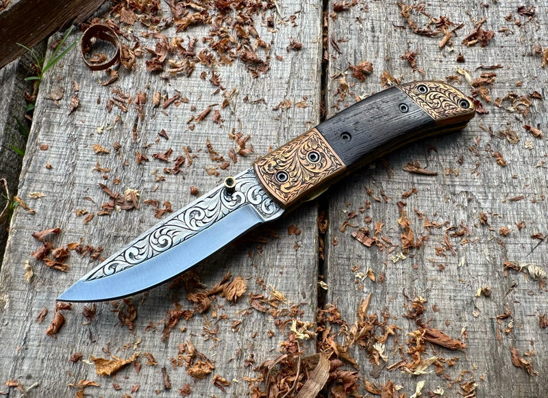 Folding Pocket Knife J2 Steel with Wenge Wood Handle & Hand Engraved Details – USFOL06