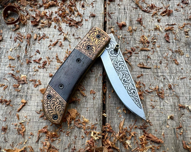 Folding Pocket Knife J2 Steel with Wenge Wood Handle & Hand Engraved Details – USFOL06