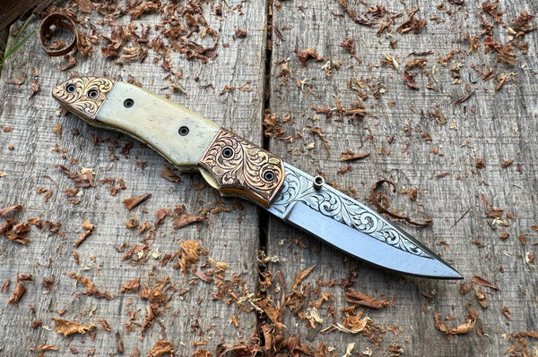 Folding Pocket Knife J2 steel Natural Camel Bone with Hand Engraved Copper Bolster and Hand Engraved Blade USFOL09