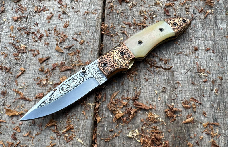 Folding Pocket Knife J2 steel Natural Camel Bone with Hand Engraved Copper Bolster and Hand Engraved Blade USFOL09
