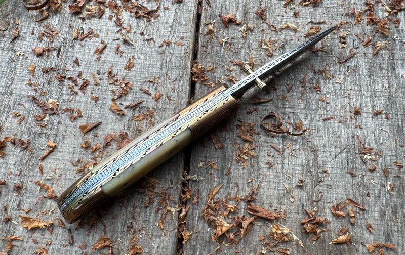 Folding Pocket Knife J2 steel Natural Camel Bone with Hand Engraved Copper Bolster and Hand Engraved Blade USFOL09