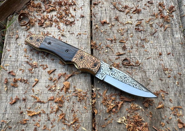 Folding Pocket Knife J2 Steel with Wenge Wood Handle & Hand Engraved Copper Bolster – ColdLand USFOL10