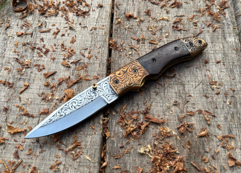 Folding Pocket Knife J2 Steel with Wenge Wood Handle & Hand Engraved Copper Bolster – ColdLand USFOL10