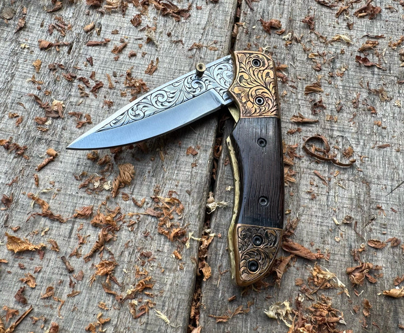 Folding Pocket Knife J2 Steel with Wenge Wood Handle & Hand Engraved Copper Bolster – ColdLand USFOL10
