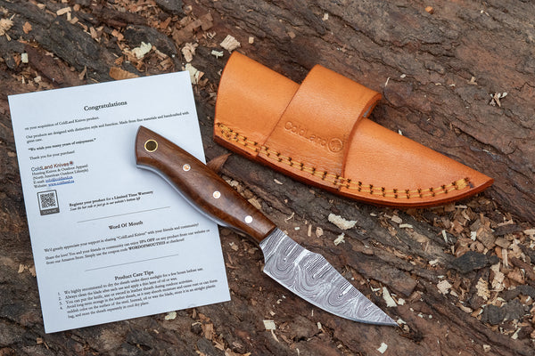 ColdLand Hand-Forged Damascus Skinner Knife – Rosewood Handle & Leather Sheath NMK01