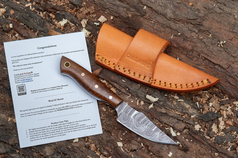 ColdLand Hand-Forged Damascus Skinner Knife – Rosewood Handle & Leather Sheath NMK01