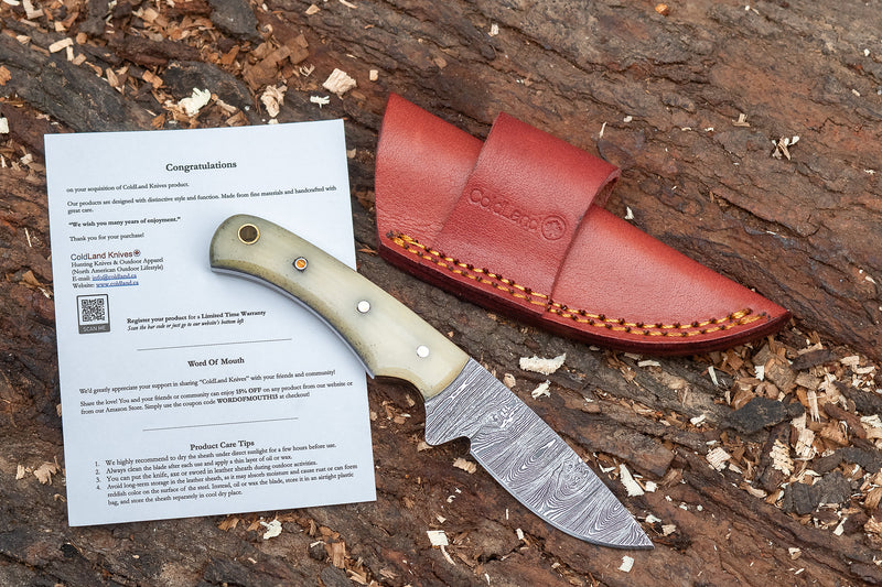 ColdLand Hand-Forged Damascus Skinner Hunting Knife – Camel Bone Handle, Leather Sheath NMK06