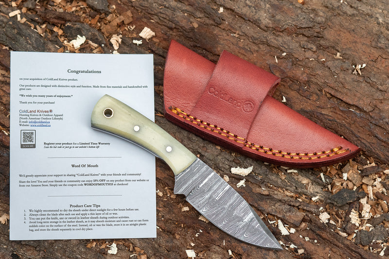 ColdLand Hand-Forged Skinner Hunting Knife – Damascus Steel with Camel Bone Handle NMK05