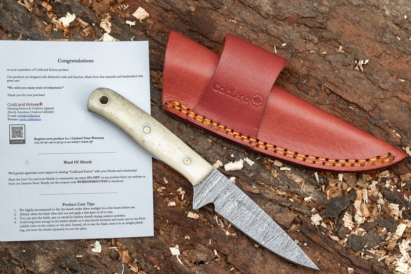 Hand-Forged Damascus Skinner Hunting Knife with Camel Bone Handle – by ColdLand Knives NMK04
