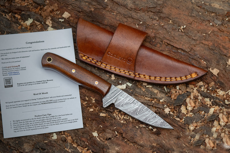 ColdLand Hand-Forged Damascus Skinner Hunting Knife – Rosewood Handle, Full Tang with Leather Sheath NMK03