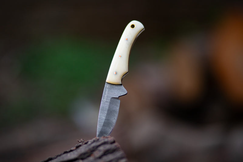ColdLand Hand-Forged Damascus Skinner Hunting Knife – Camel Bone Handle, Leather Sheath NMK06