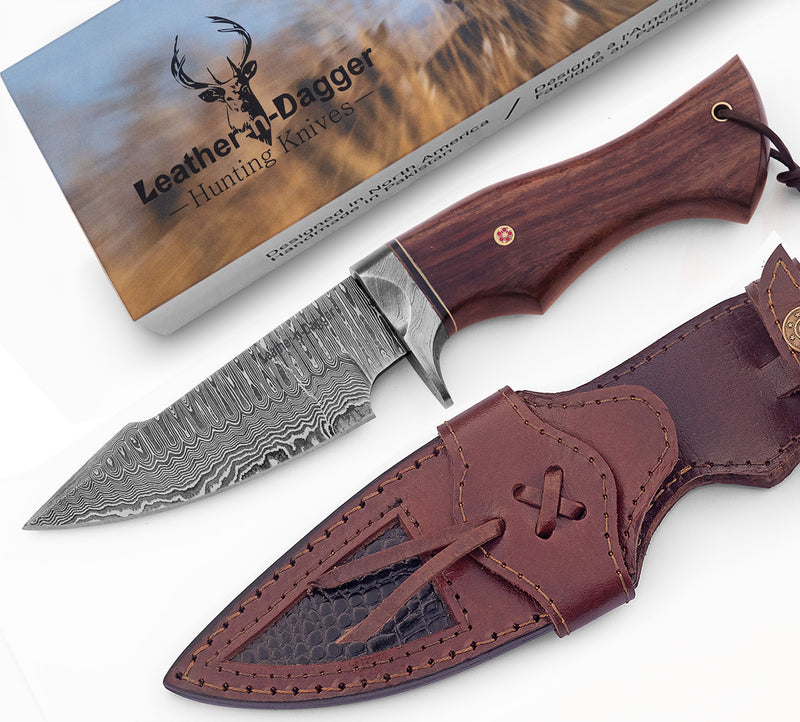 Hand-Forged Damascus Bushcraft Hunting Knife Walnut Wood Handle – Hidden Tang with Leather Sheath LDK02