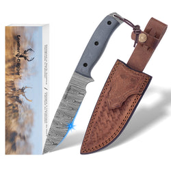 Hand Forged Damascus Bushcraft Hunting Knife – Full Tang with Leather Sheath
