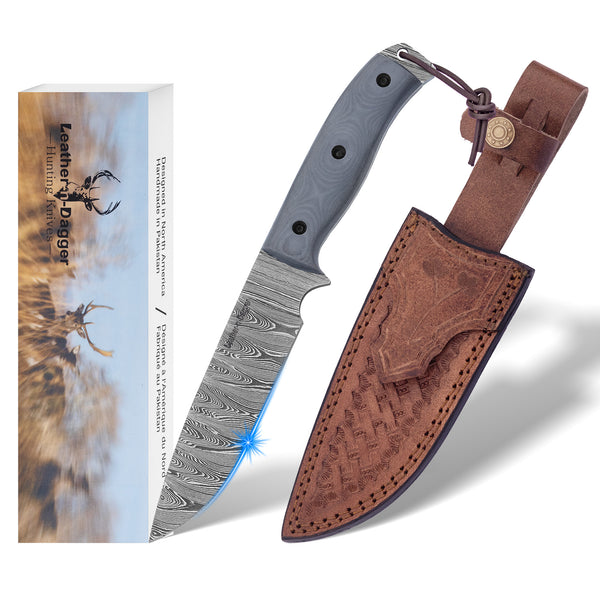 Hand Forged Damascus Bushcraft Hunting Knife – Full Tang with Leather Sheath