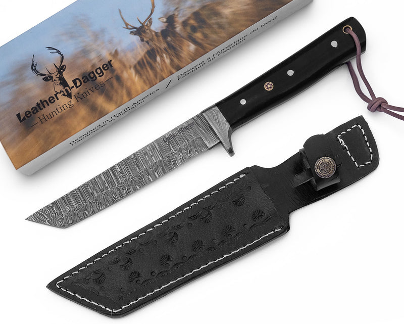 Hand-Forged Damascus Tanto Hunting Knife – Full Tang with Leather Sheath