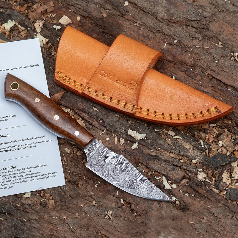 ColdLand Hand-Forged Damascus Skinner Knife – Rosewood Handle & Leather Sheath NMK01