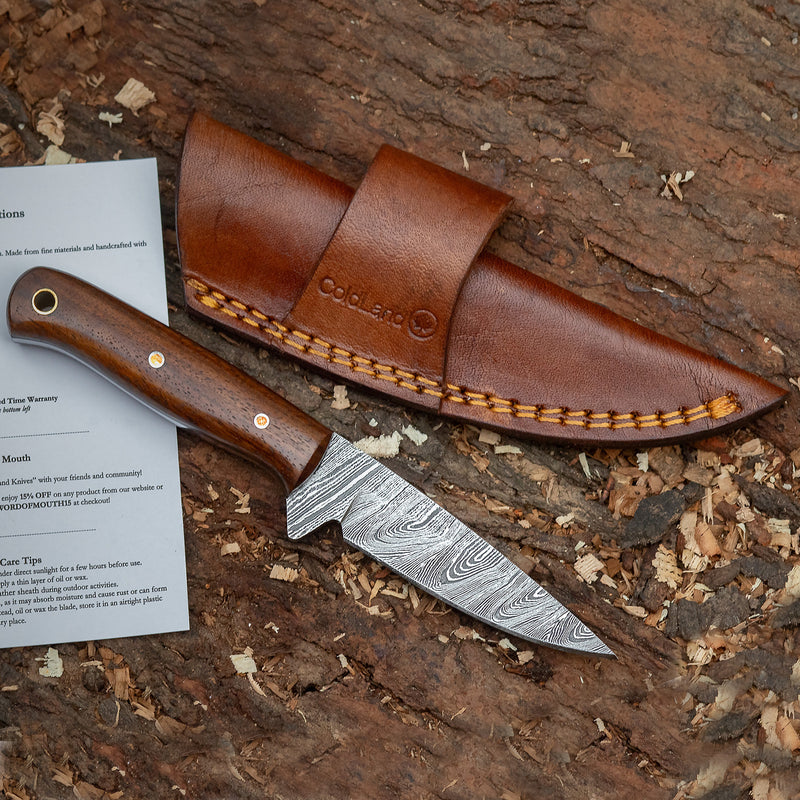 ColdLand Hand-Forged Damascus Skinner Hunting Knife – Rosewood Handle, Full Tang with Leather Sheath NMK03