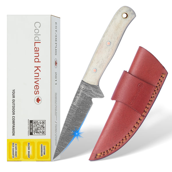 ColdLand Knives Camel Bone Handle knife with leather sheath and packaging