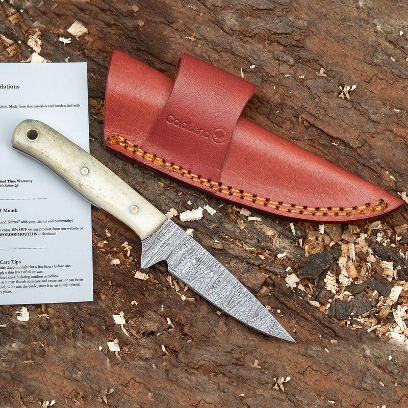 Hand-Forged Damascus Skinner Hunting Knife with Camel Bone Handle – by ColdLand Knives NMK04