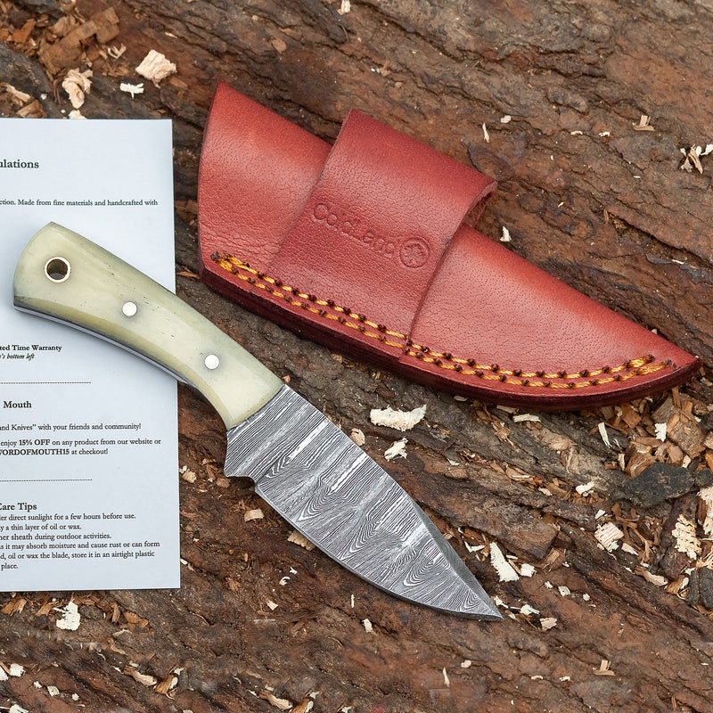 ColdLand Hand-Forged Skinner Hunting Knife – Damascus Steel with Camel Bone Handle NMK05