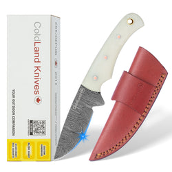 ColdLand Knives knife with white handle and red sheath next to its packaging on a white background