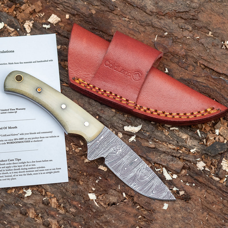 ColdLand Hand-Forged Damascus Skinner Hunting Knife – Camel Bone Handle, Leather Sheath NMK06